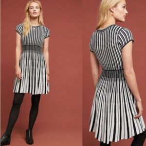 Anthropologie Maeve Baird Black & White Striped Fit & Flair Dress Medium Twirl